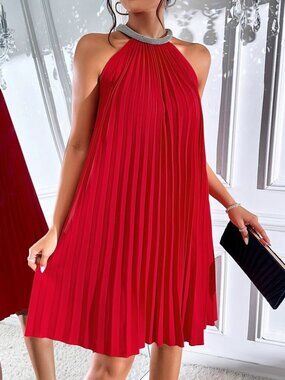 SHEIN Privé Pleated Rhinestone Halter Dress